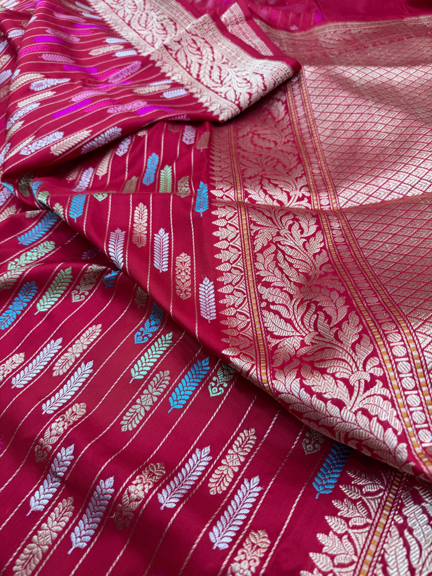 Pure Banarasi Katan Silk Kadhwa Buti Stripes Saree