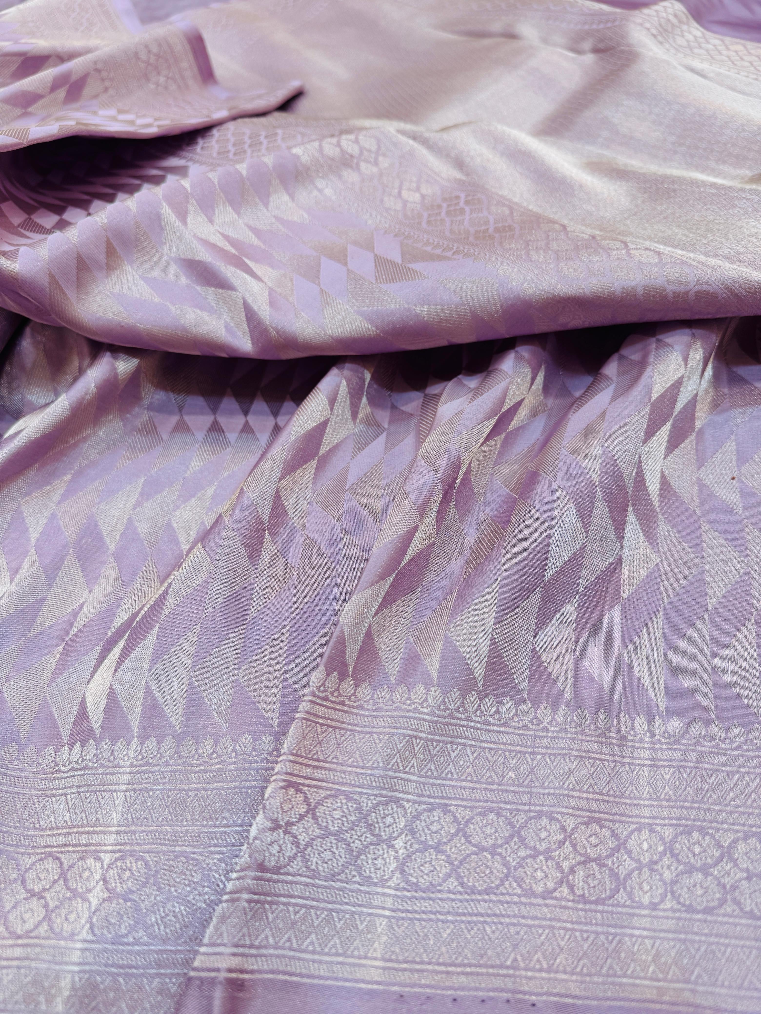 Pure Banarasi Satin Silk Silver Zari Geometric Pattern Saree