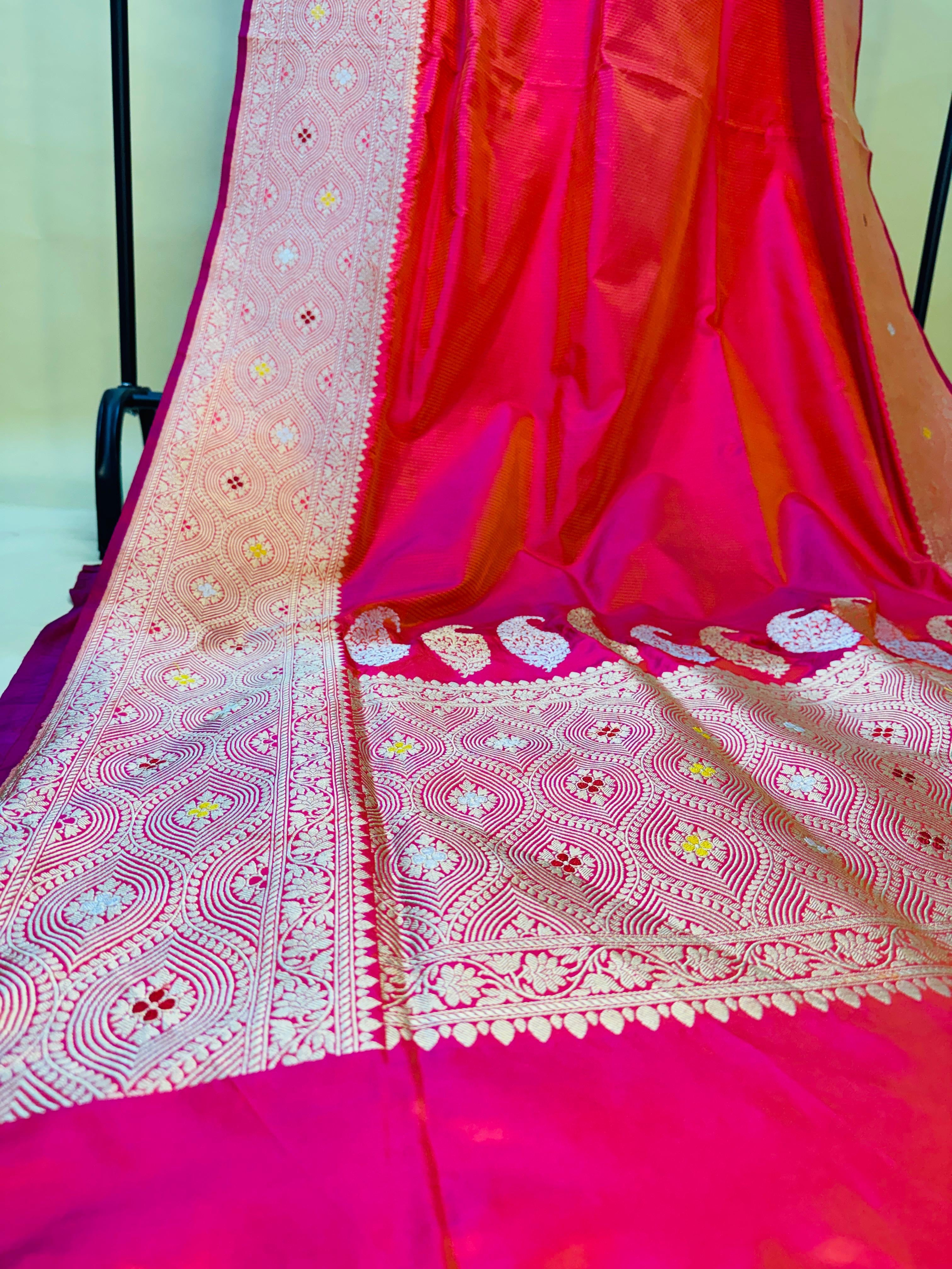 Hot Pink Katan Silk Tanchoi Skirt Mina Border Saree
