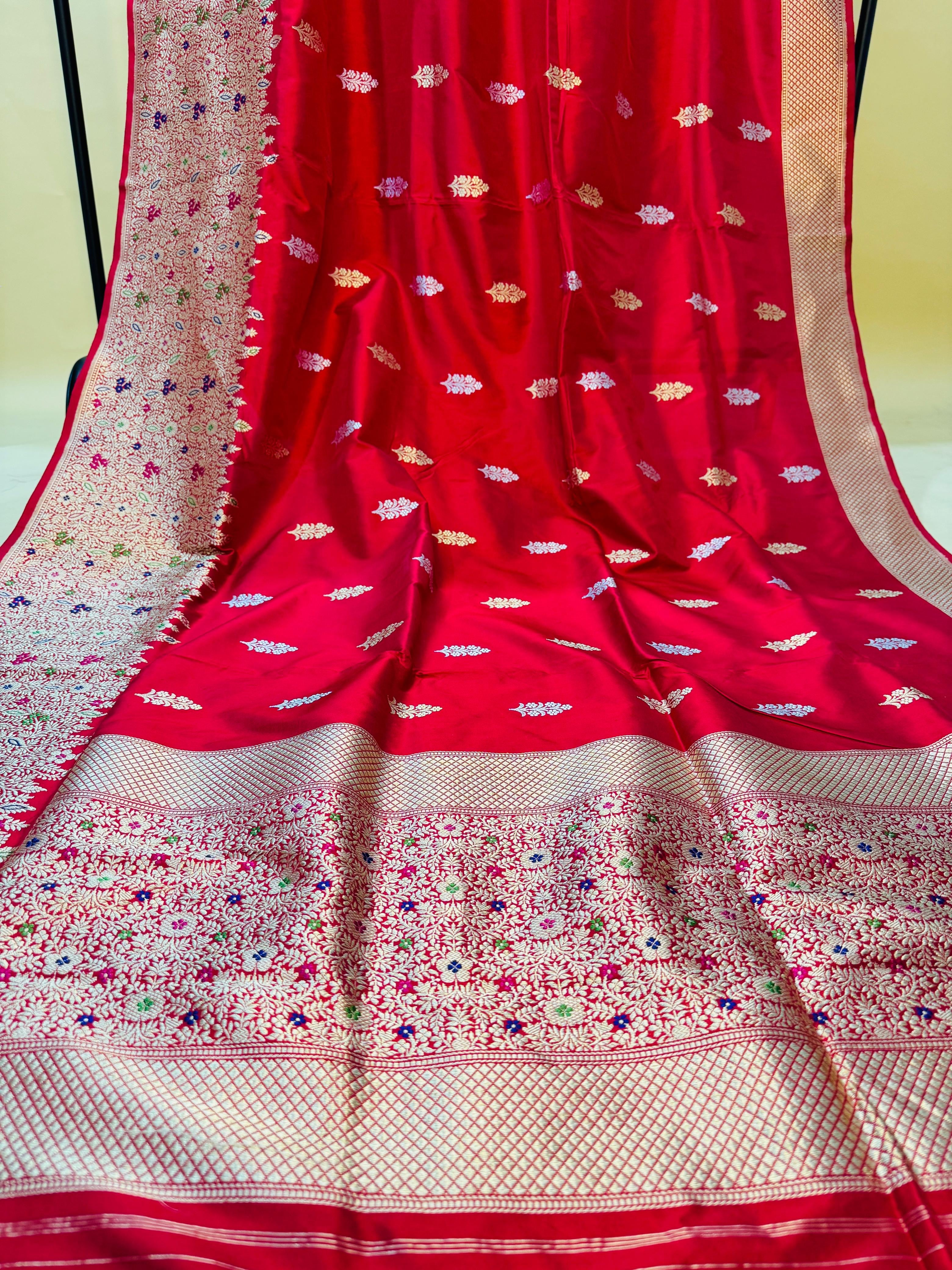 Bridal Red Katan Silk Kaduwa Buta Skirt Border Saree