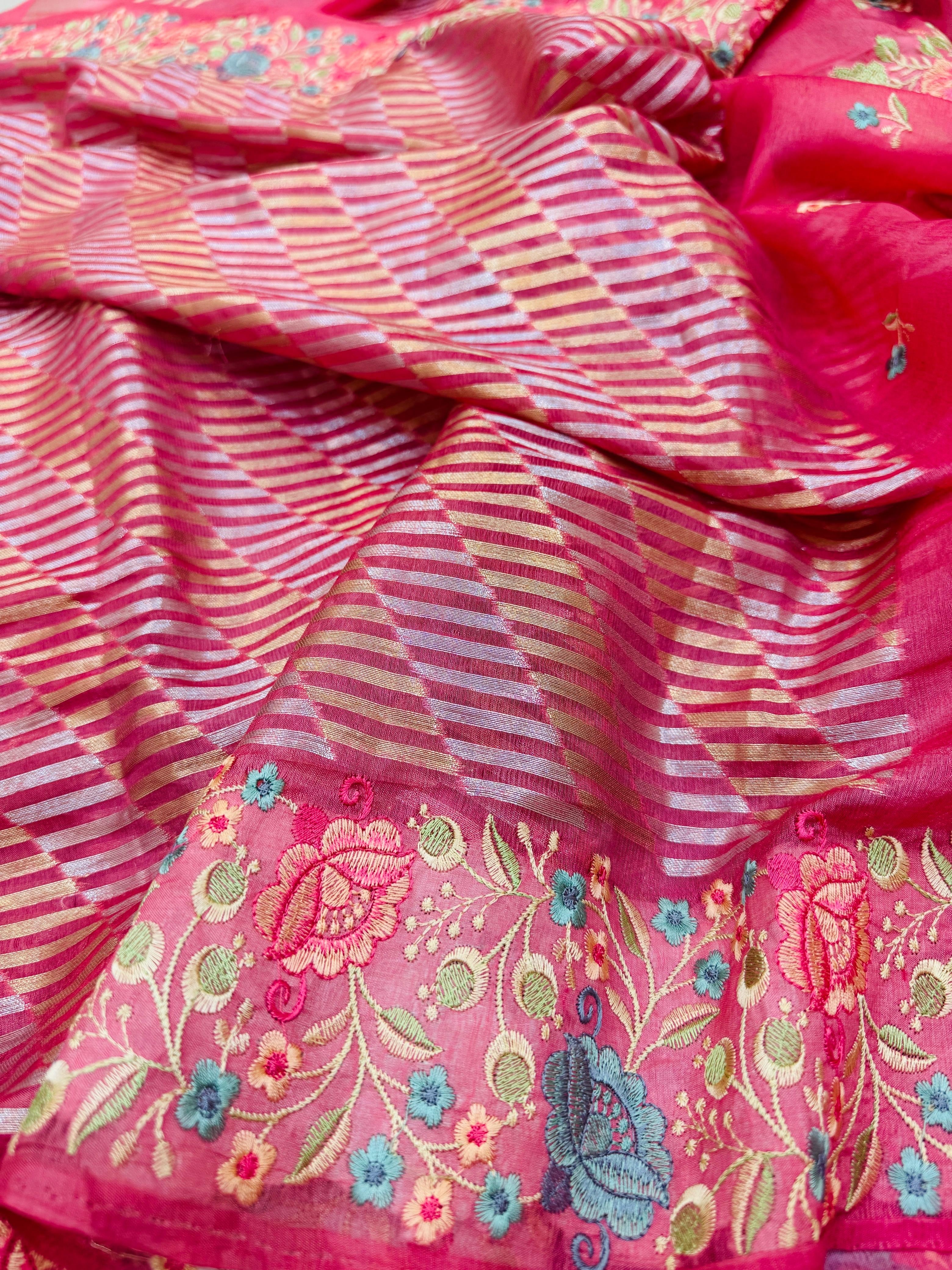 Pure Banarasi Kora Silk Embroidery Handbrush Saree