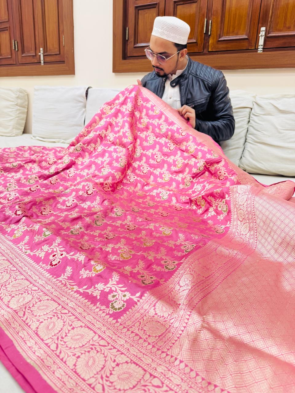 Pure Banarasi Katan Silk Mina Jaal Saree