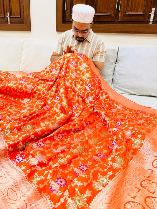 Pure Banarasi Katan Silk Mina Jaal Saree