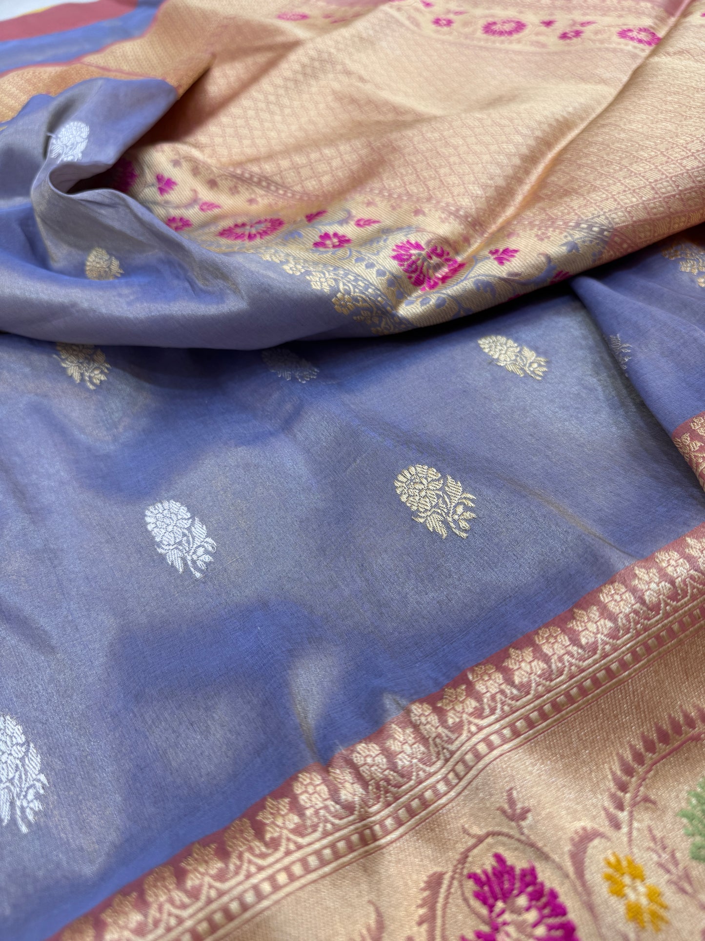Pure Banarasi Katan Tissue Silk Kadiyal Border Saree