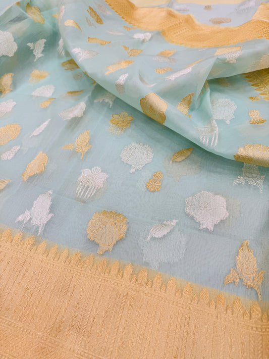 Pure Banarasi Kora Silk Kadhwa Buti Jaal Saree