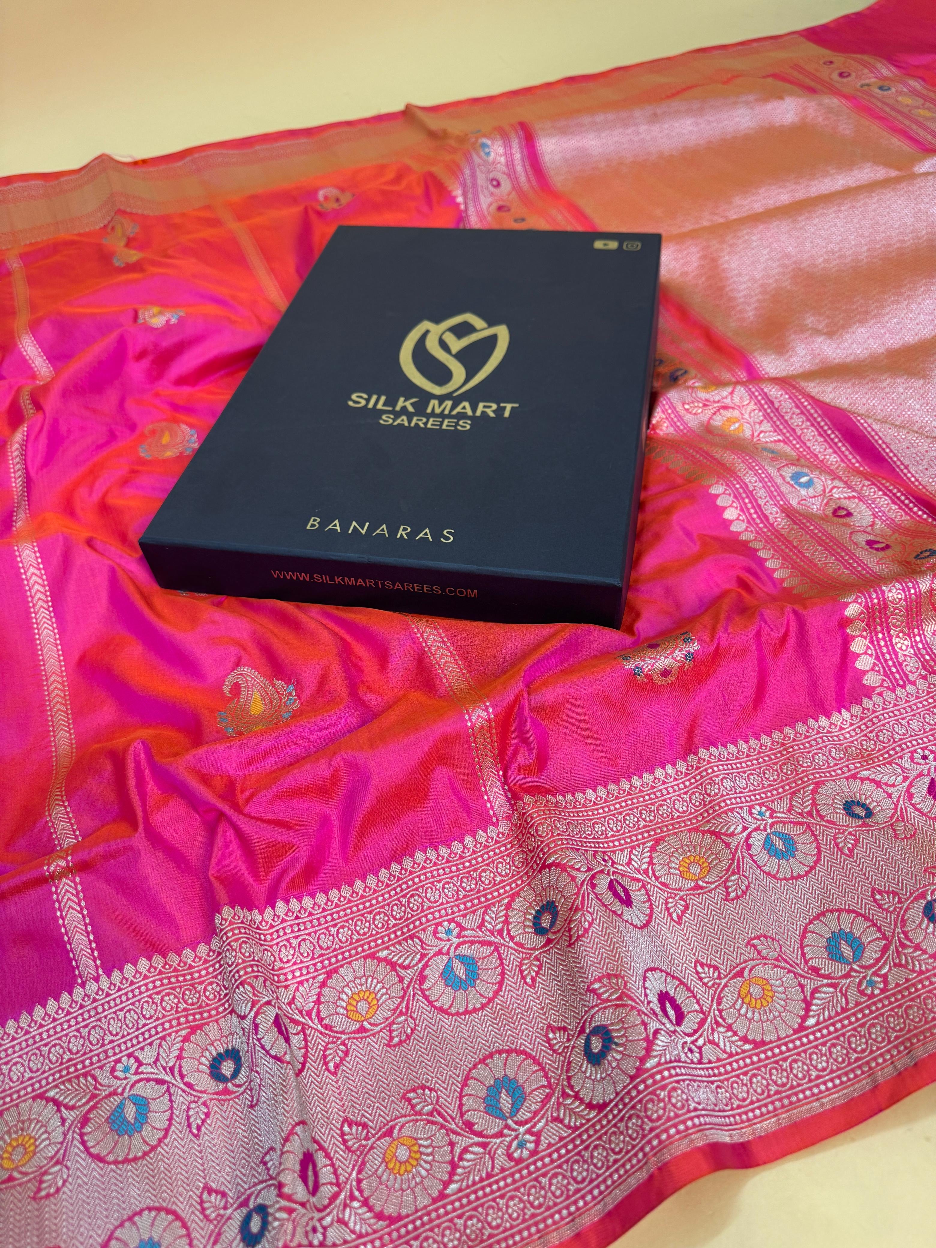 Rani Pink Katan Silk Stripe Buti Saree
