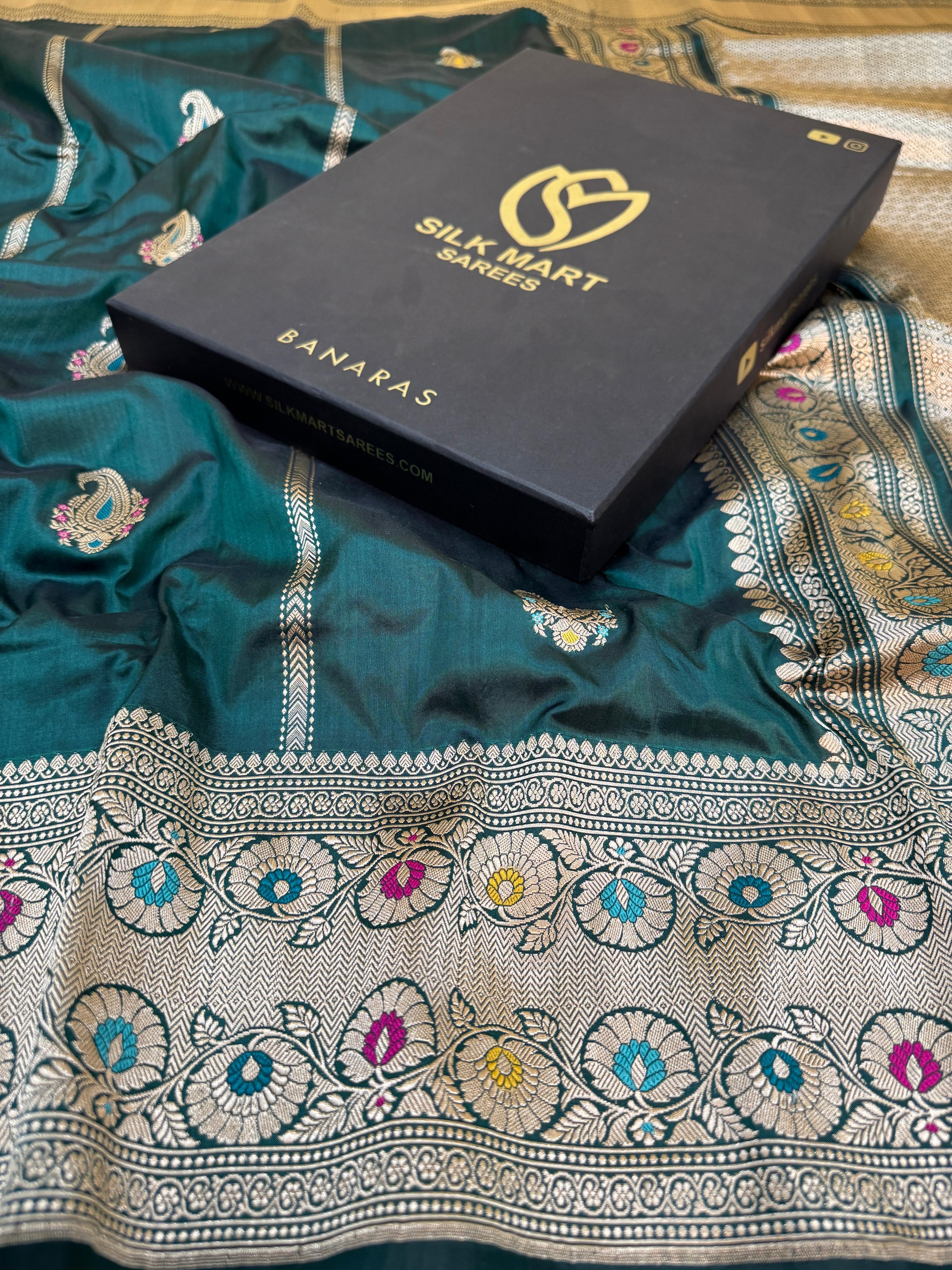 Bottle Green Katan Silk Stripe Buti Saree