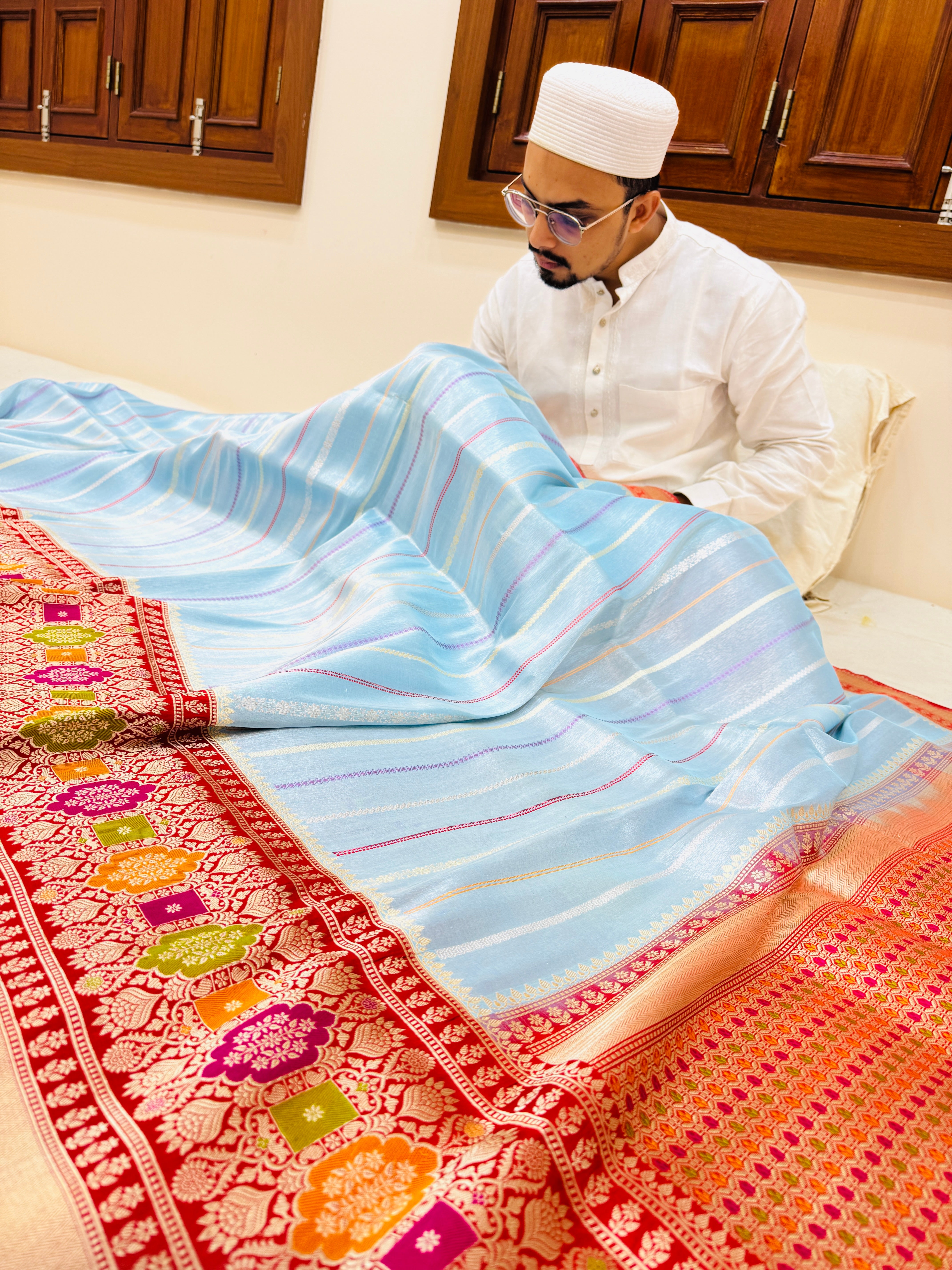 Pure Banarasi Kora Tissue Silk Stripe Saree
