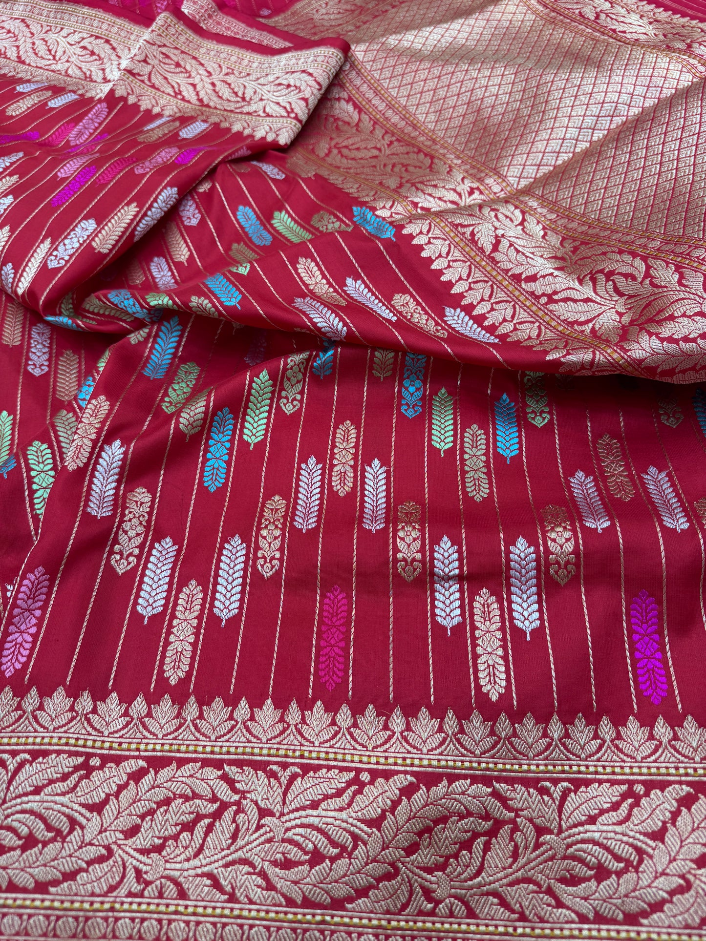 Pure Banarasi Katan Silk Kadhwa Buti Stripes Saree