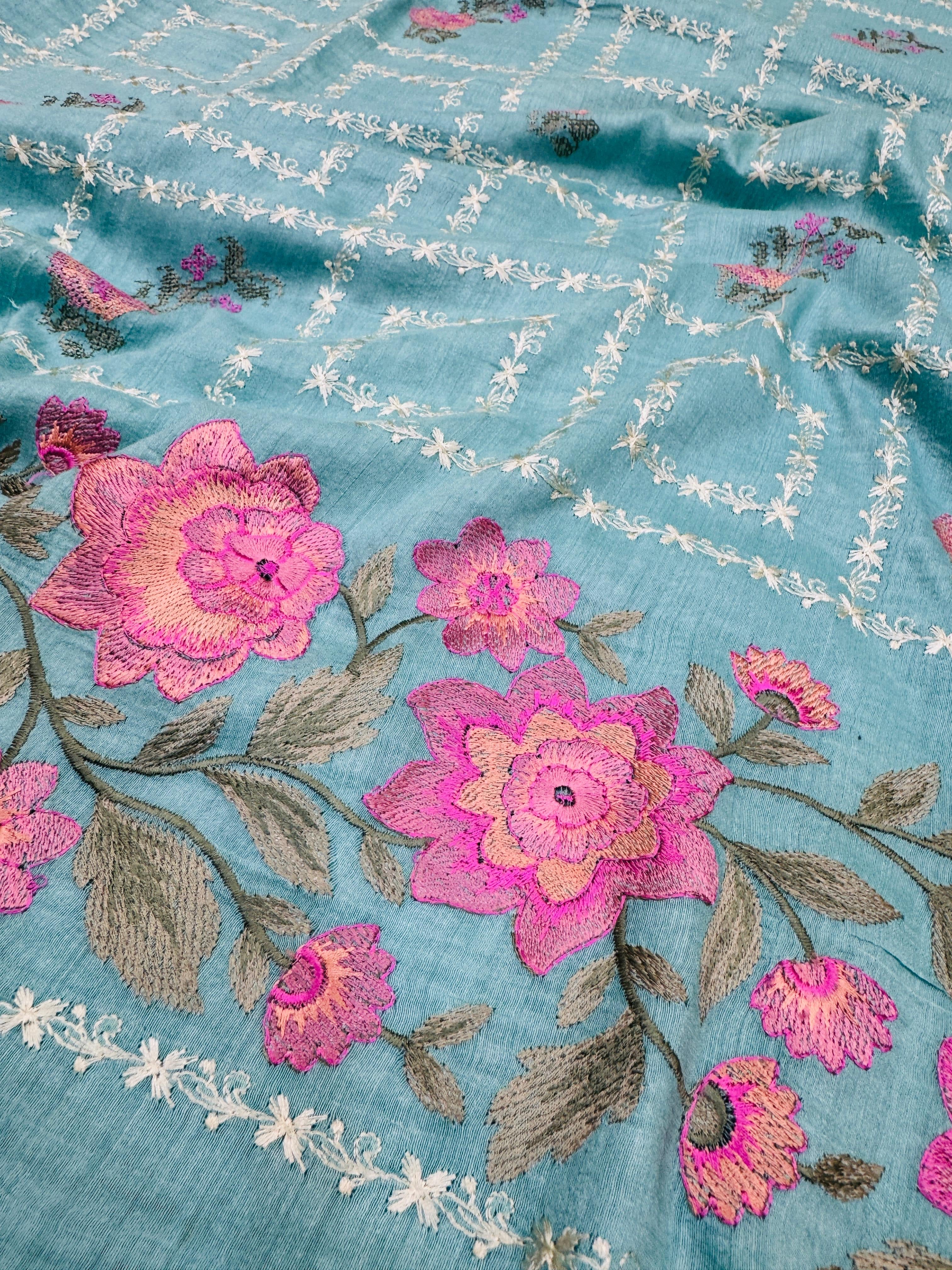 Pure Banarasi Tasar Silk Embroidery Saree