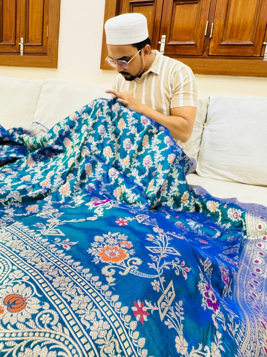 Pure Banarasi Katan Silk Mina Jaal Saree