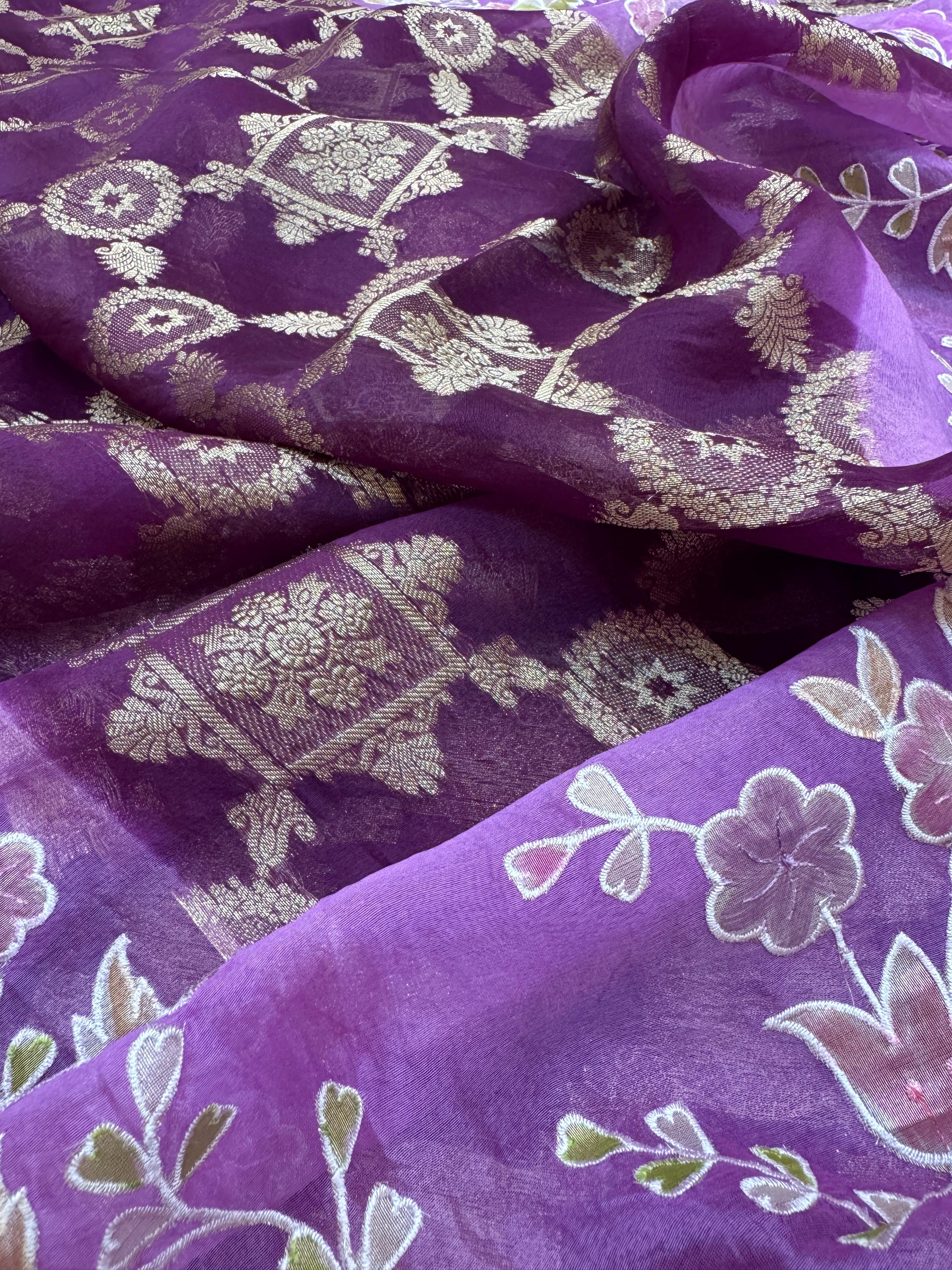 Pure Banarasi Kora Silk Embroidery Handbrush Saree