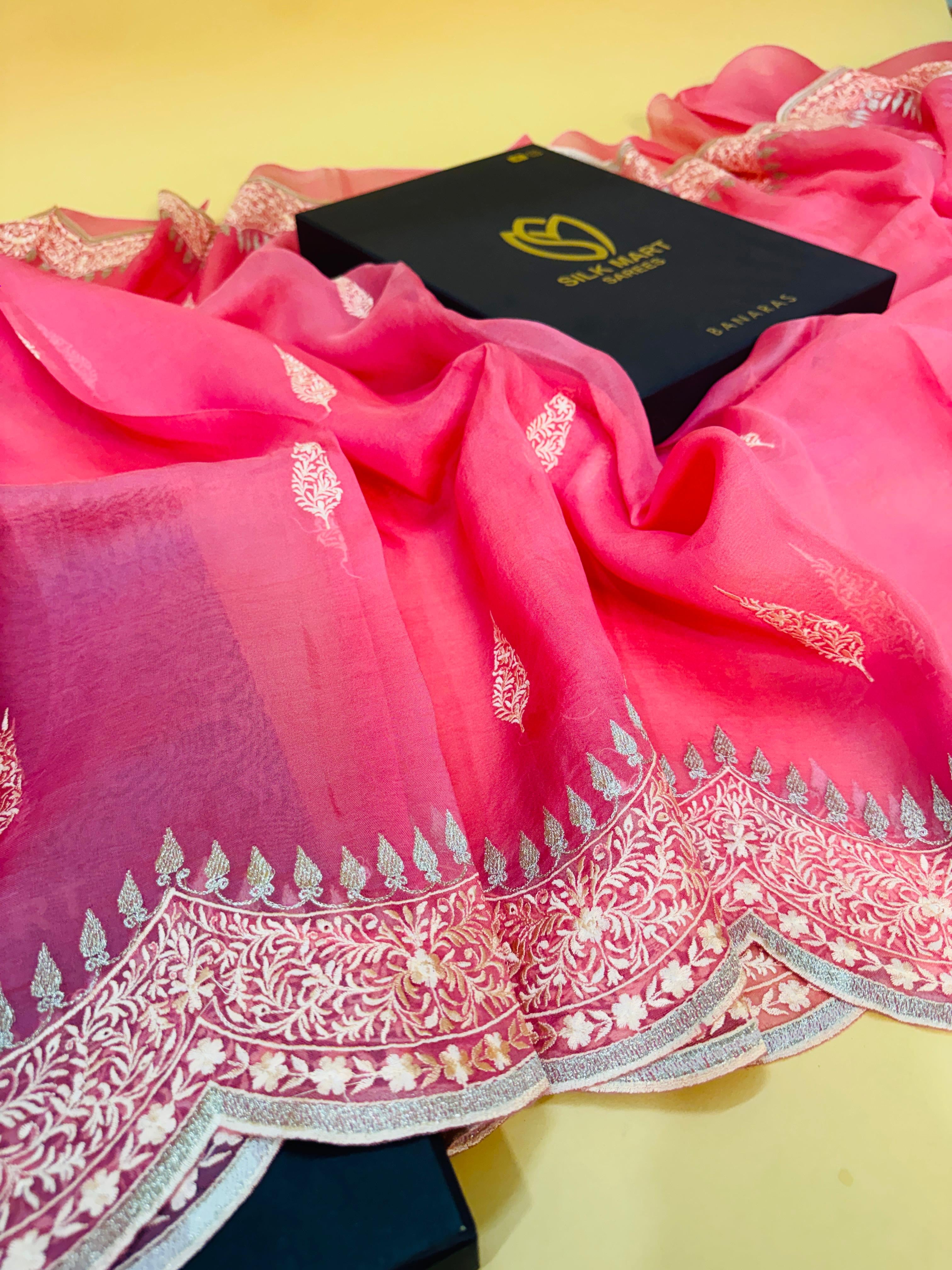 Baby Pink Kora Silk Embroidery Saree