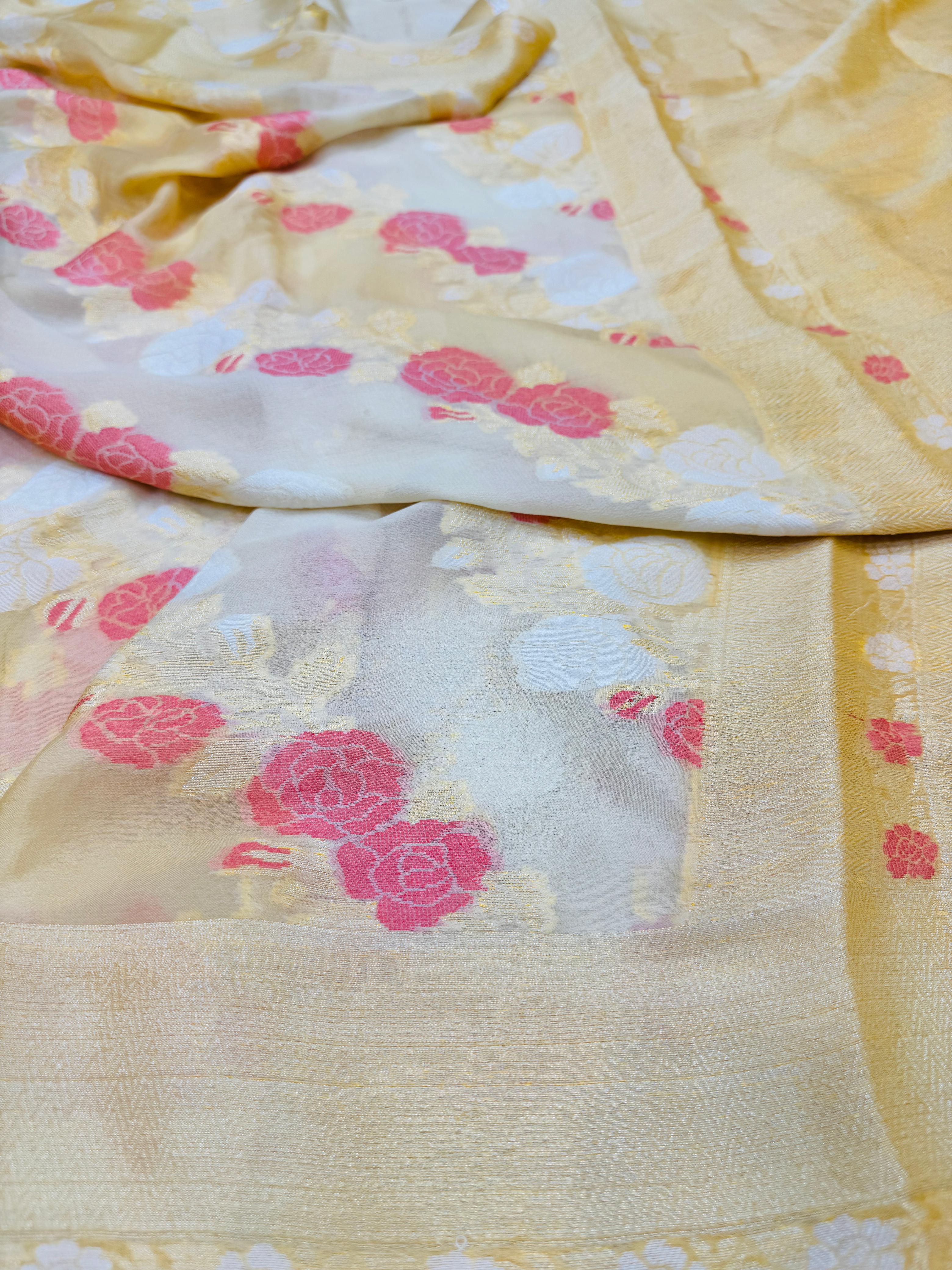 Pure Banarasi Chiffon Tilfi Rose Buta Saree