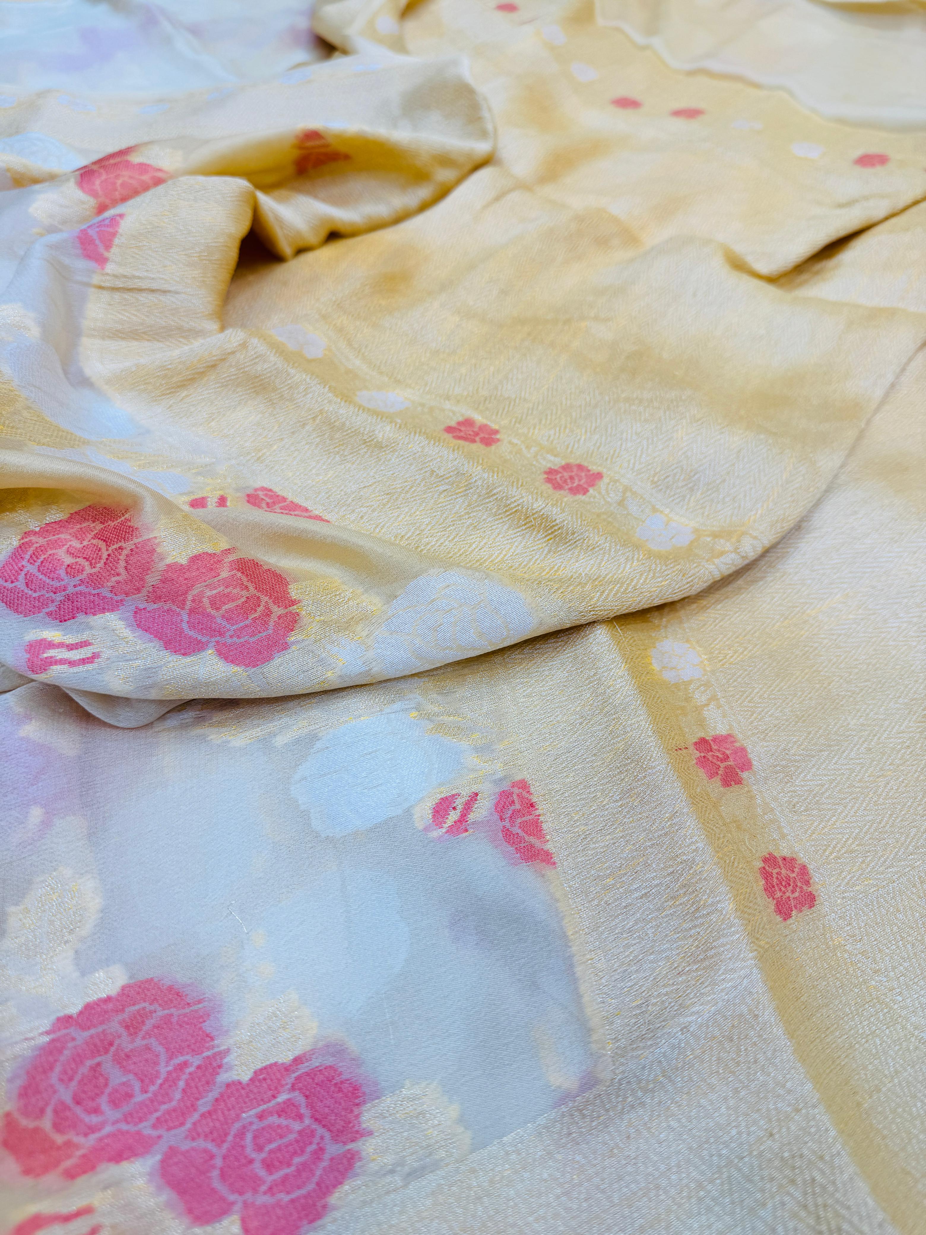 Pure Banarasi Chiffon Tilfi Rose Buta Saree