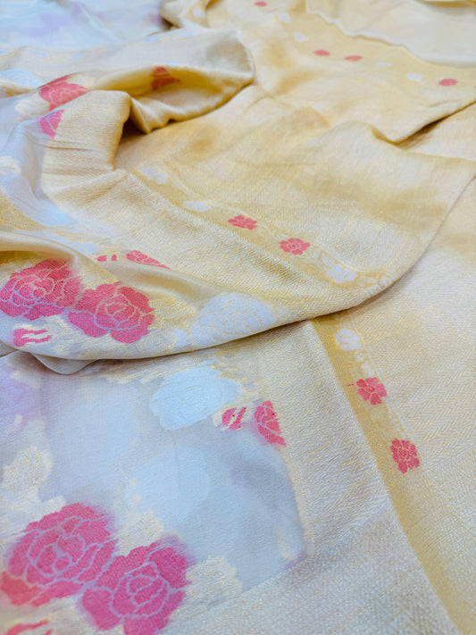 Pure Banarasi Chiffon Tilfi Rose Buta Saree