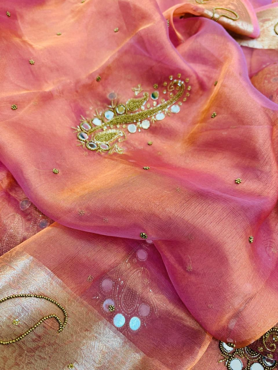 Pure Banarasi Tissue Mirror Work Embroidery Saree