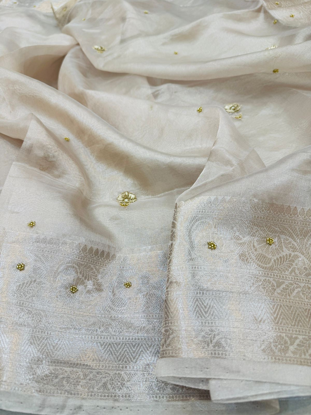 Silver Molted Tissue Silk Hand Embroidery
