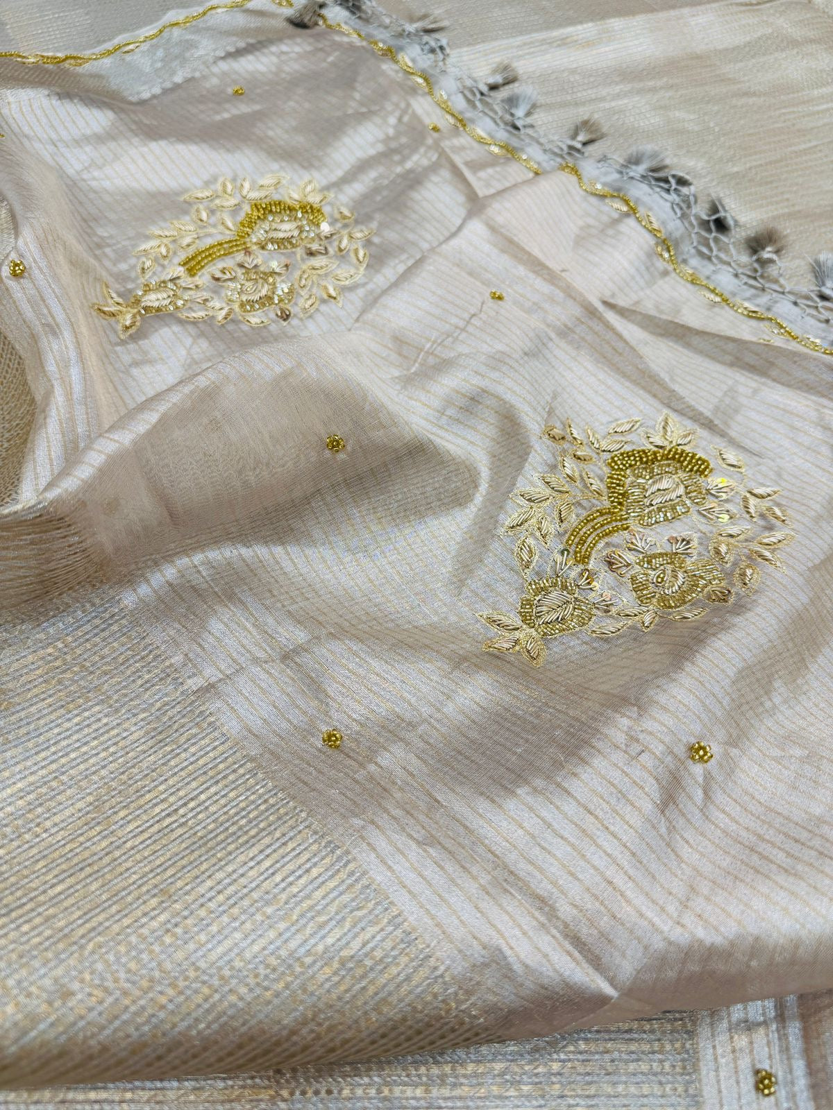 Silver Molted Tissue Silk Hand Embroidery