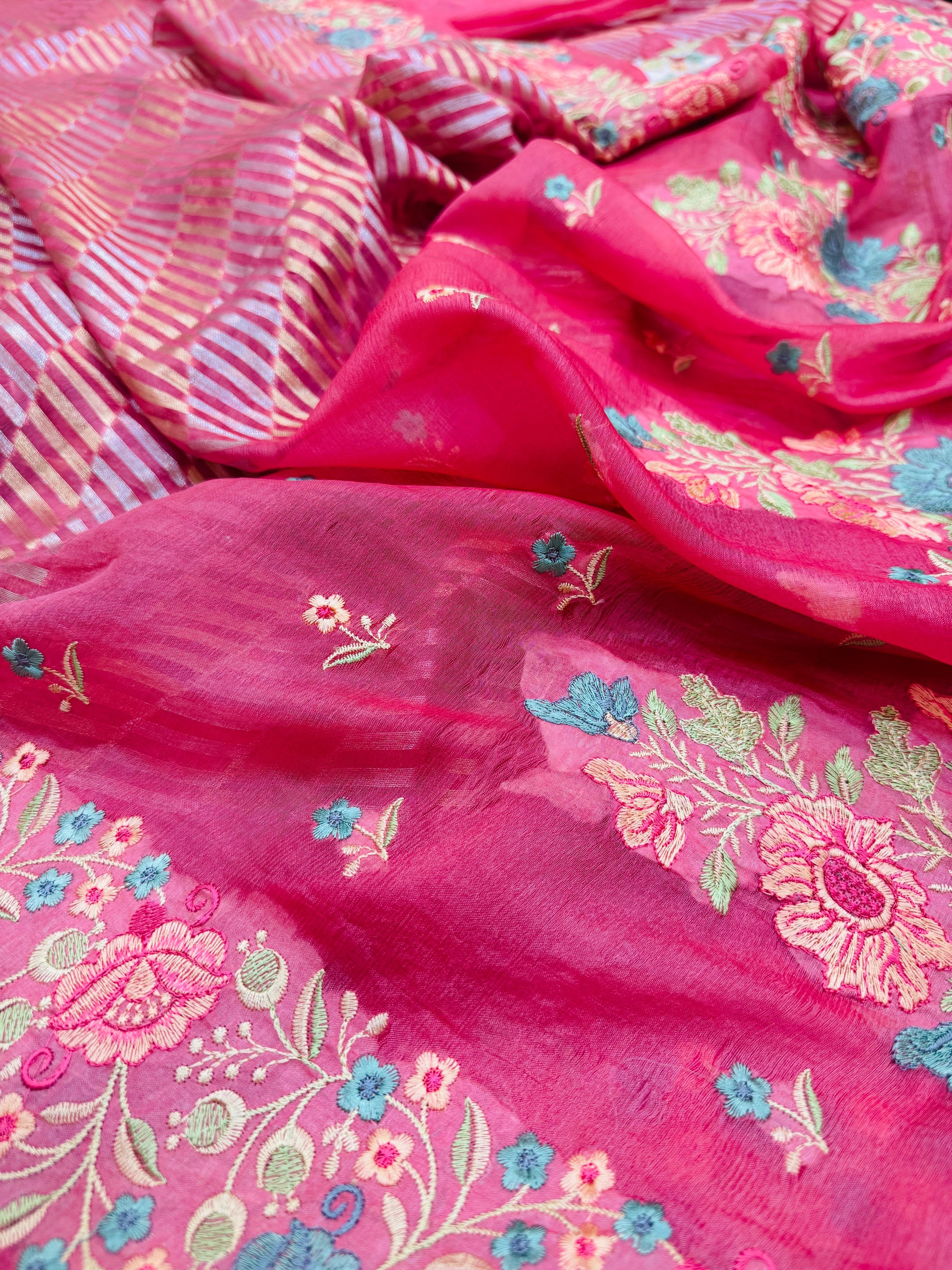 Pure Banarasi Kora Silk Embroidery Handbrush Saree