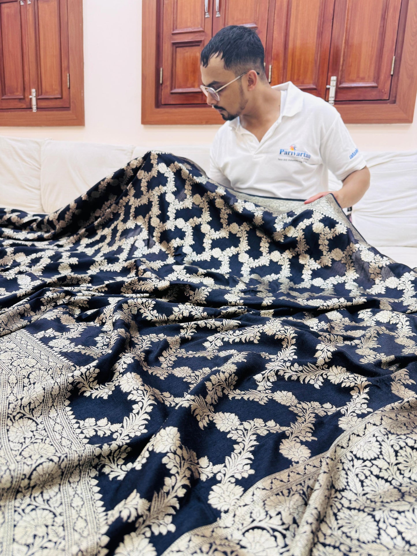 Pure Banarasi Munga Silk Jaal Saree