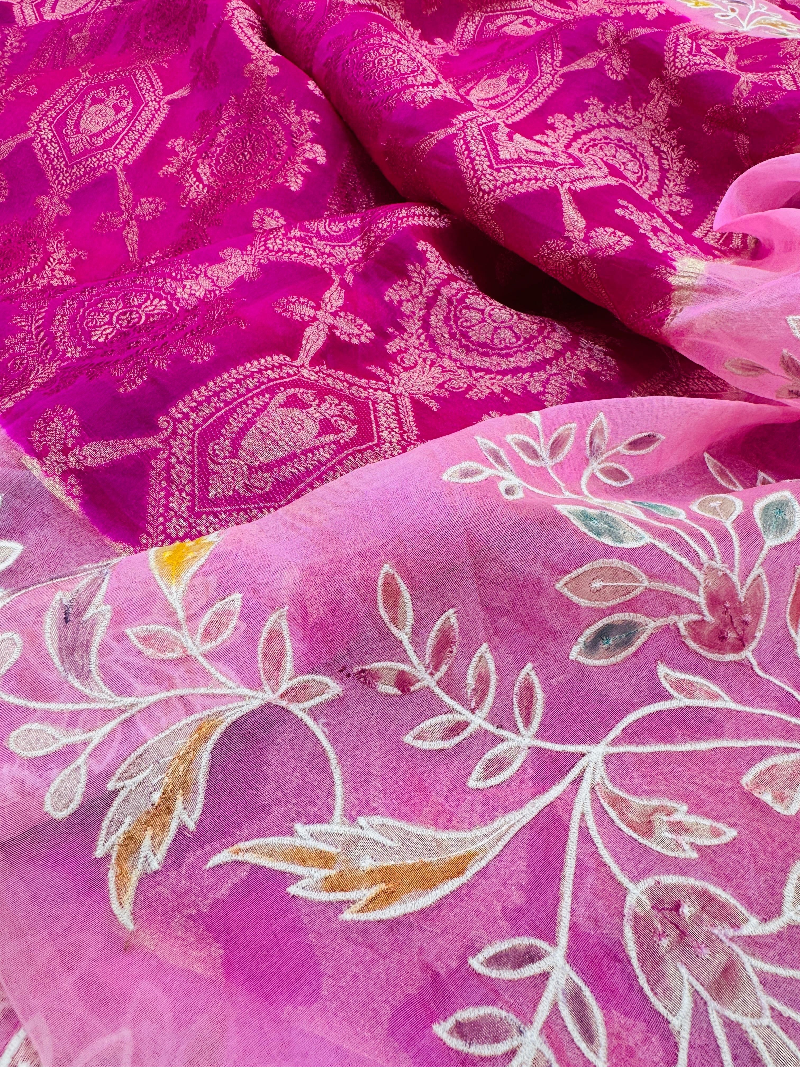 Pure Banarasi Kora Silk Embroidery Handbrush Saree