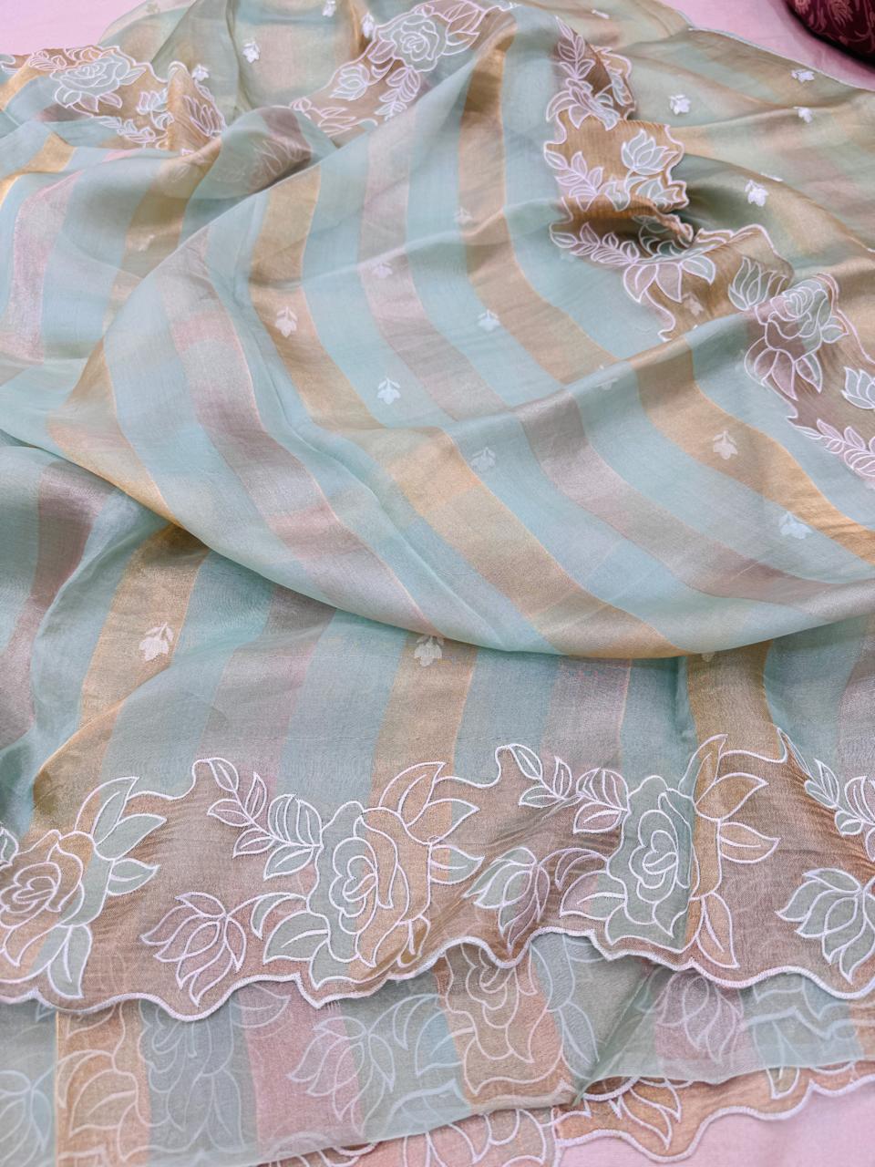Pure Banarasi Kora Tissue Silk Applique Work Saree
