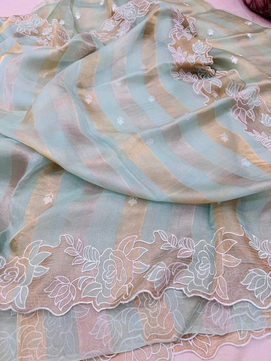 Pure Banarasi Kora Tissue Silk Applique Work Saree