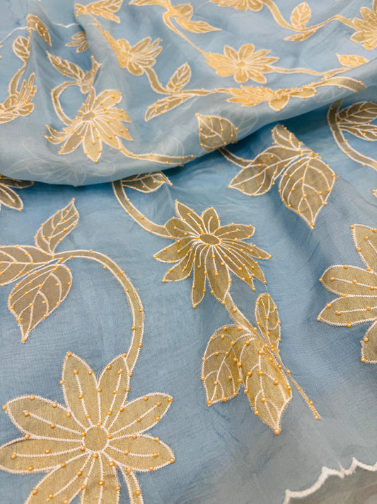 Pure Banarasi Kora Tissue Patch Work Embroidery Saree