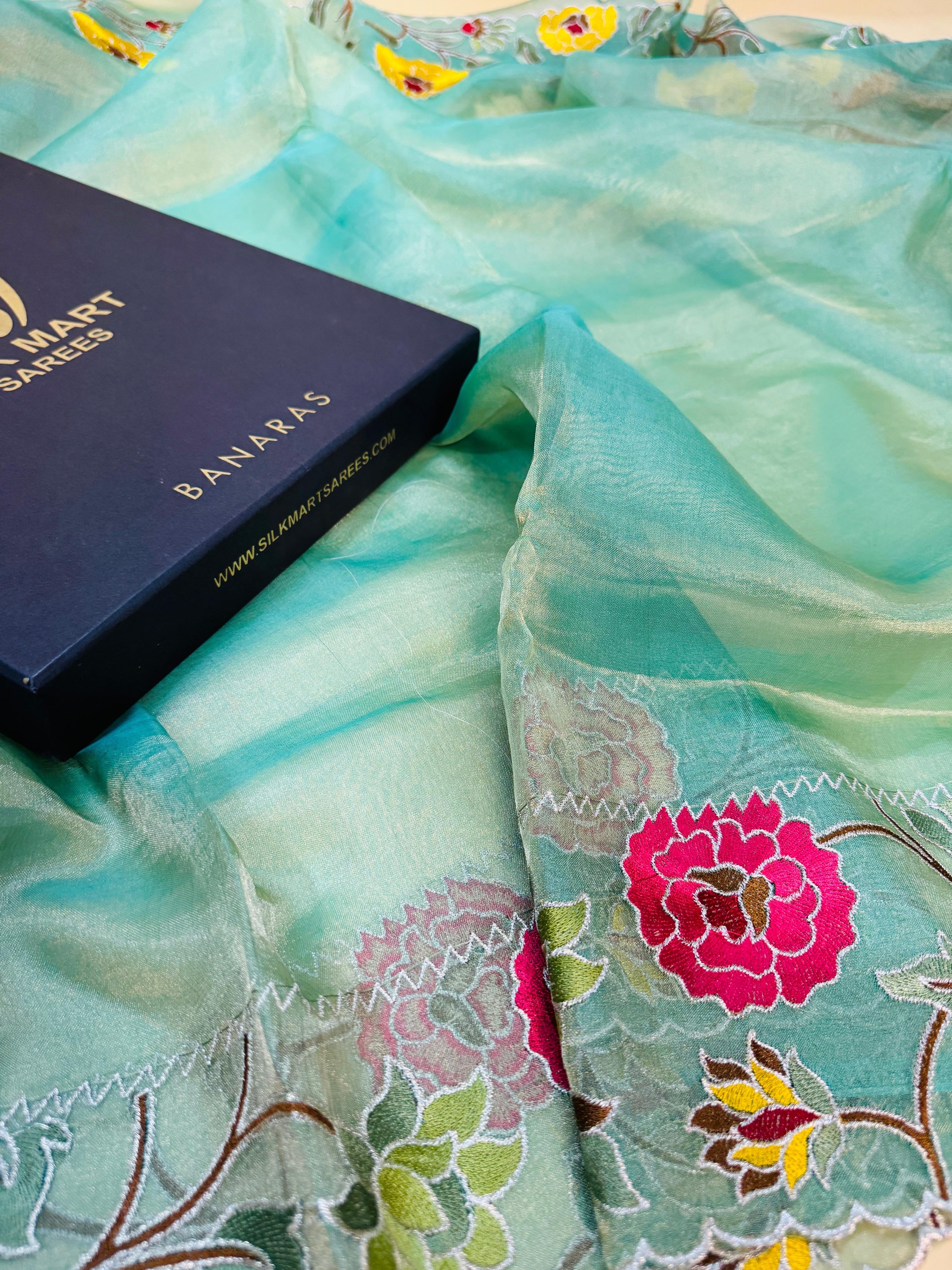 Tissue Plain Embroidery Saree