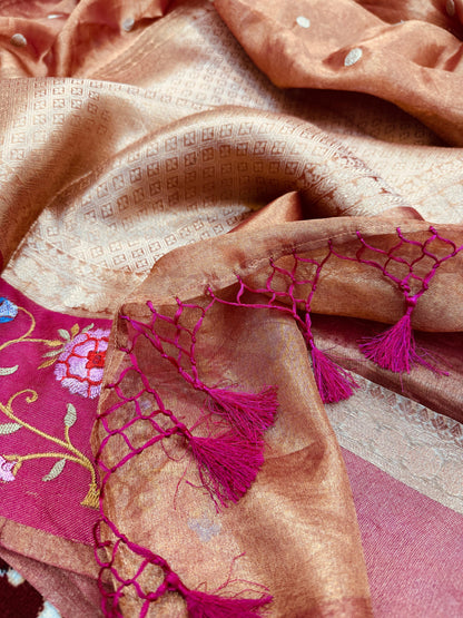 Pure Banarasi Tissue Silk Buti Satin Border Embroidery Saree