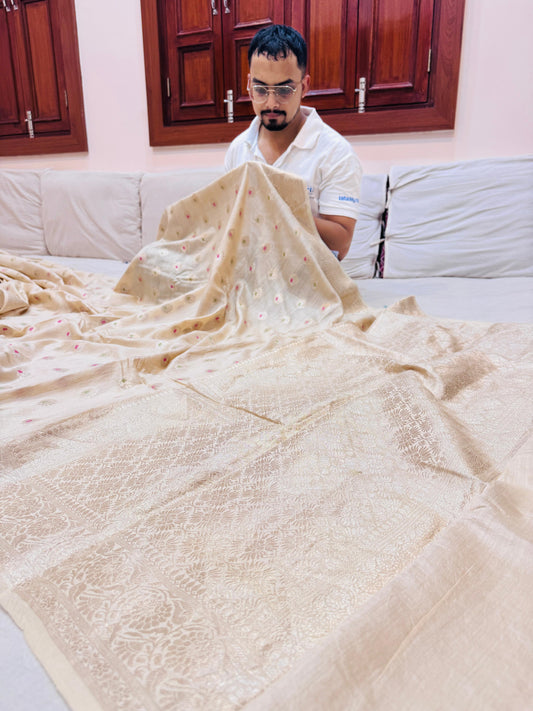Pure Banarasi Natural Munga Silk Mina Jaal Saree