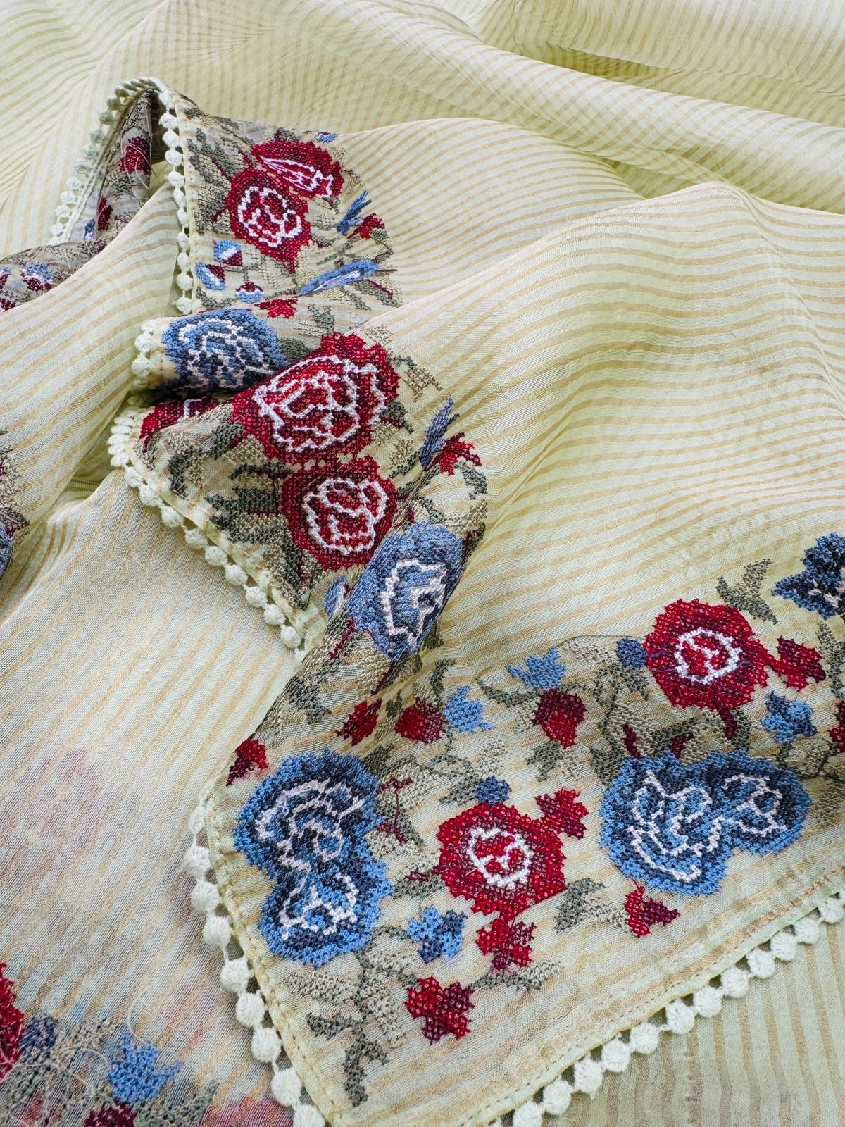Off White Kora Tissue Stripe Cross Embroidery Saree