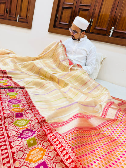 Pure Banarasi Kora Tissue Silk Stripe Saree