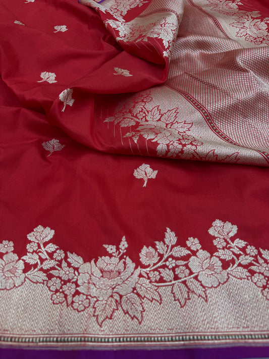 Pure Banarasi Katan Silk Kadhwa Buta Scallop Border Saree
