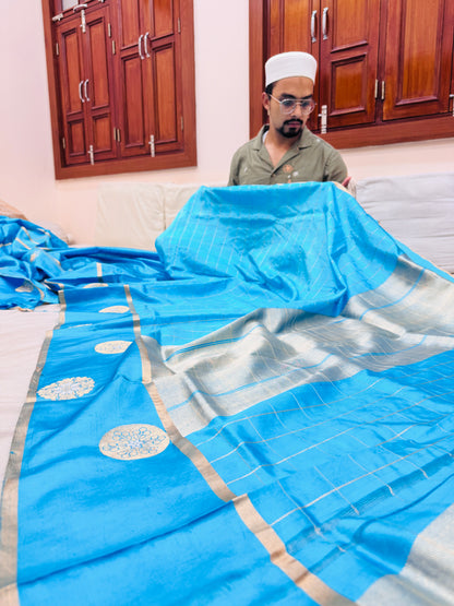 Pure Banarasi Dupion Silk Checks Satin Border Saree