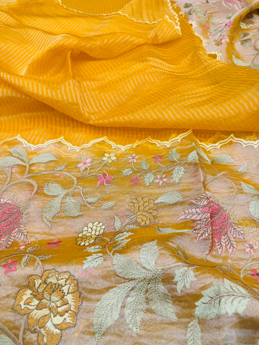 Pure Banarasi Kora Tissue Patch Work Embroidery Saree