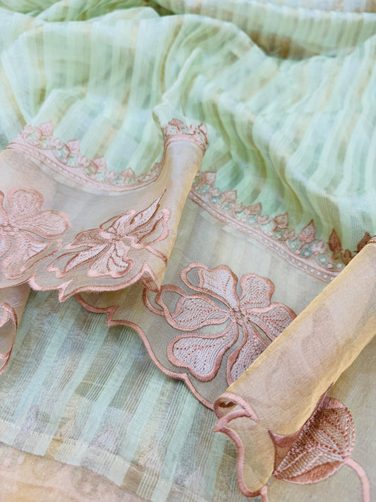 Kora Tissue Silk Stripes with Border Patchwork Saree