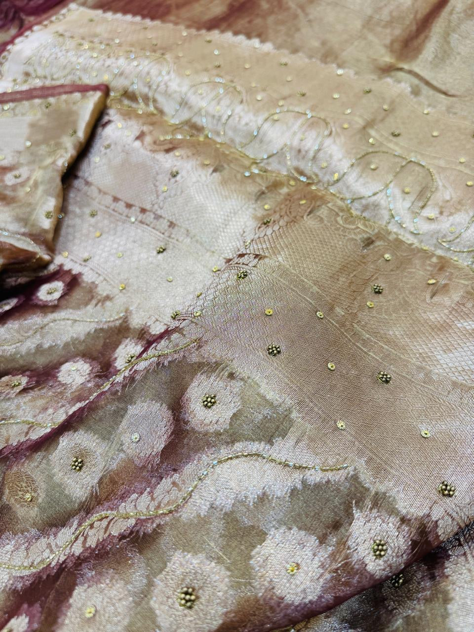 Pure Banarasi Tissue Cutdana Hand Embroidery Saree