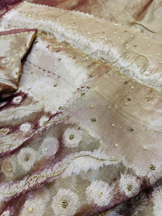 Pure Banarasi Tissue Cutdana Hand Embroidery Saree