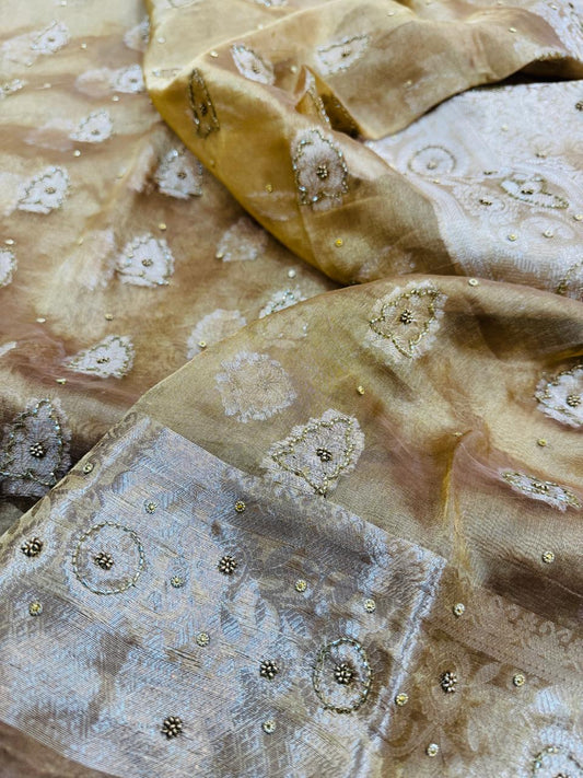 Pure Banarasi Tissue Cutdana Hand Embroidery Saree