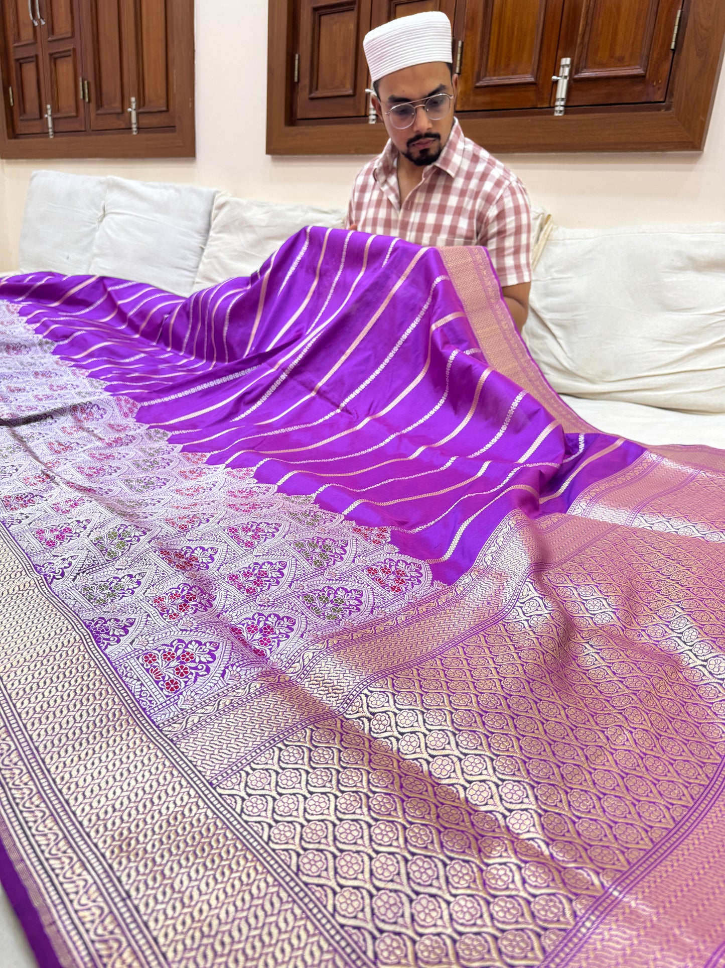 Pure Banarasi Katan Silk Mehrab Stripe Saree