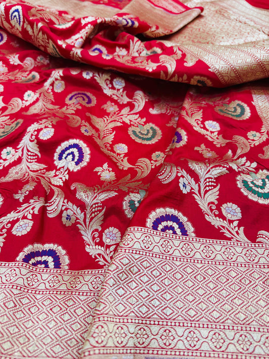 Pure Banarasi Katan Silk Mina Jaal Saree