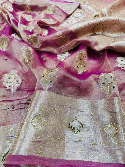 Pure Banarasi Tissue Cutdana Hand Embroidery Saree