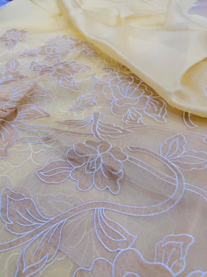Pure Banarasi Kora Tissue Silk Applique Work Saree