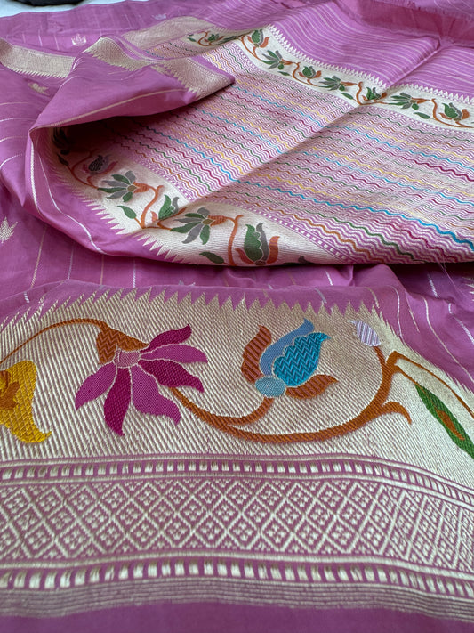 Pure Banarasi Katan Silk Buti Stripe Paithani Border Saree