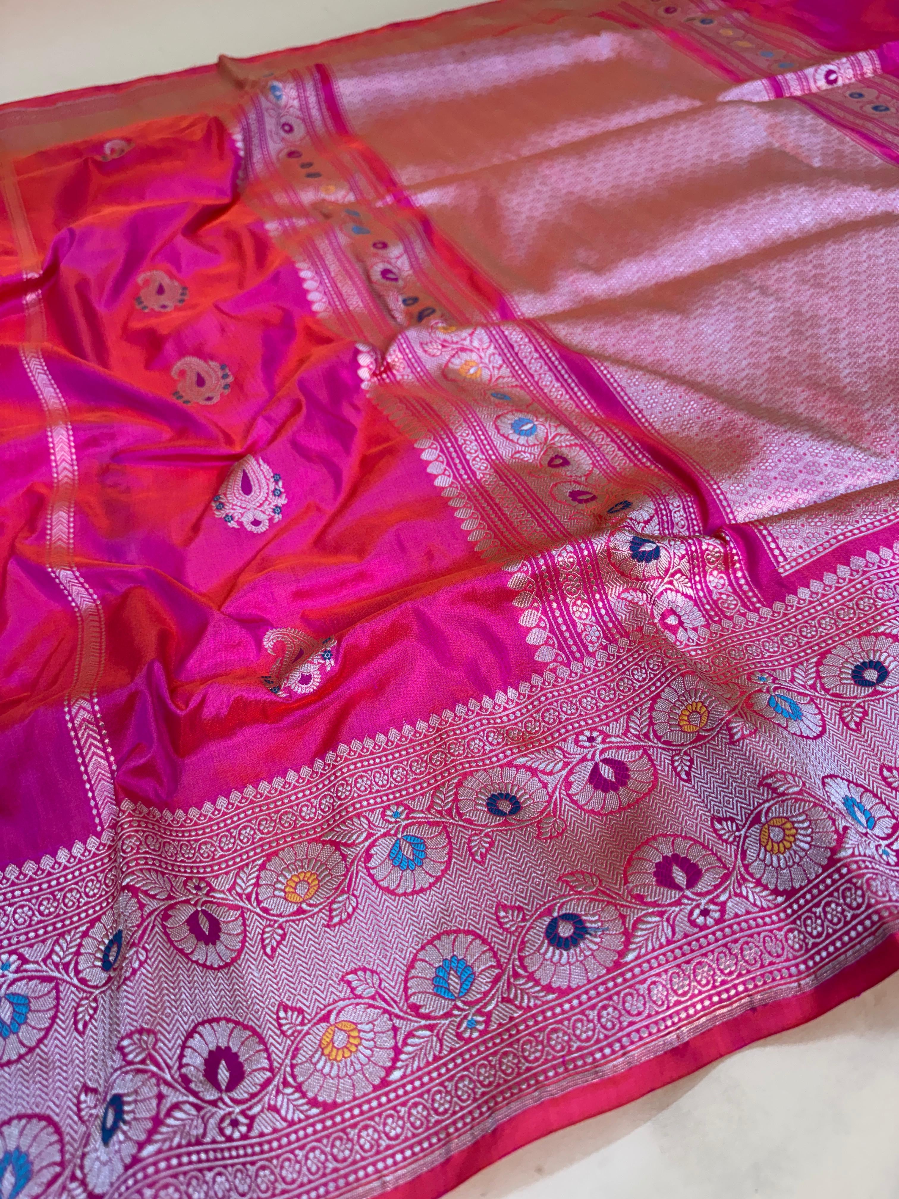 Rani Pink Katan Silk Stripe Buti Saree