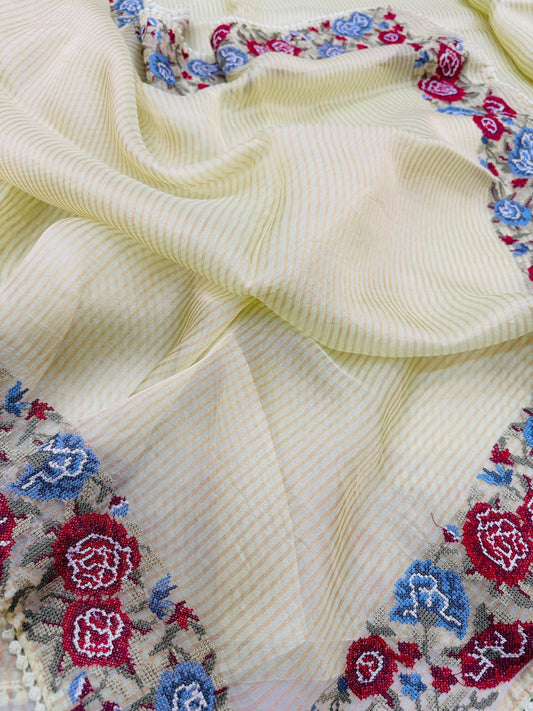 Pure Banarasi Kora Tissue Stripe Cross Embroidery Saree