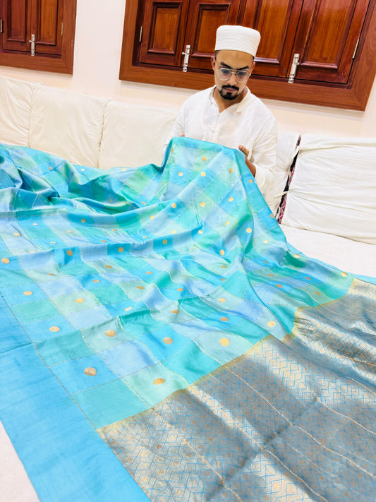 Pure Banarasi Dupion Silk Check Buti Saree With Satin Border