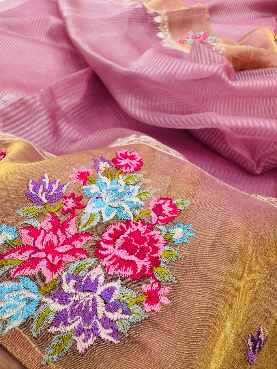 Tissue Stripe Embroidery Saree
